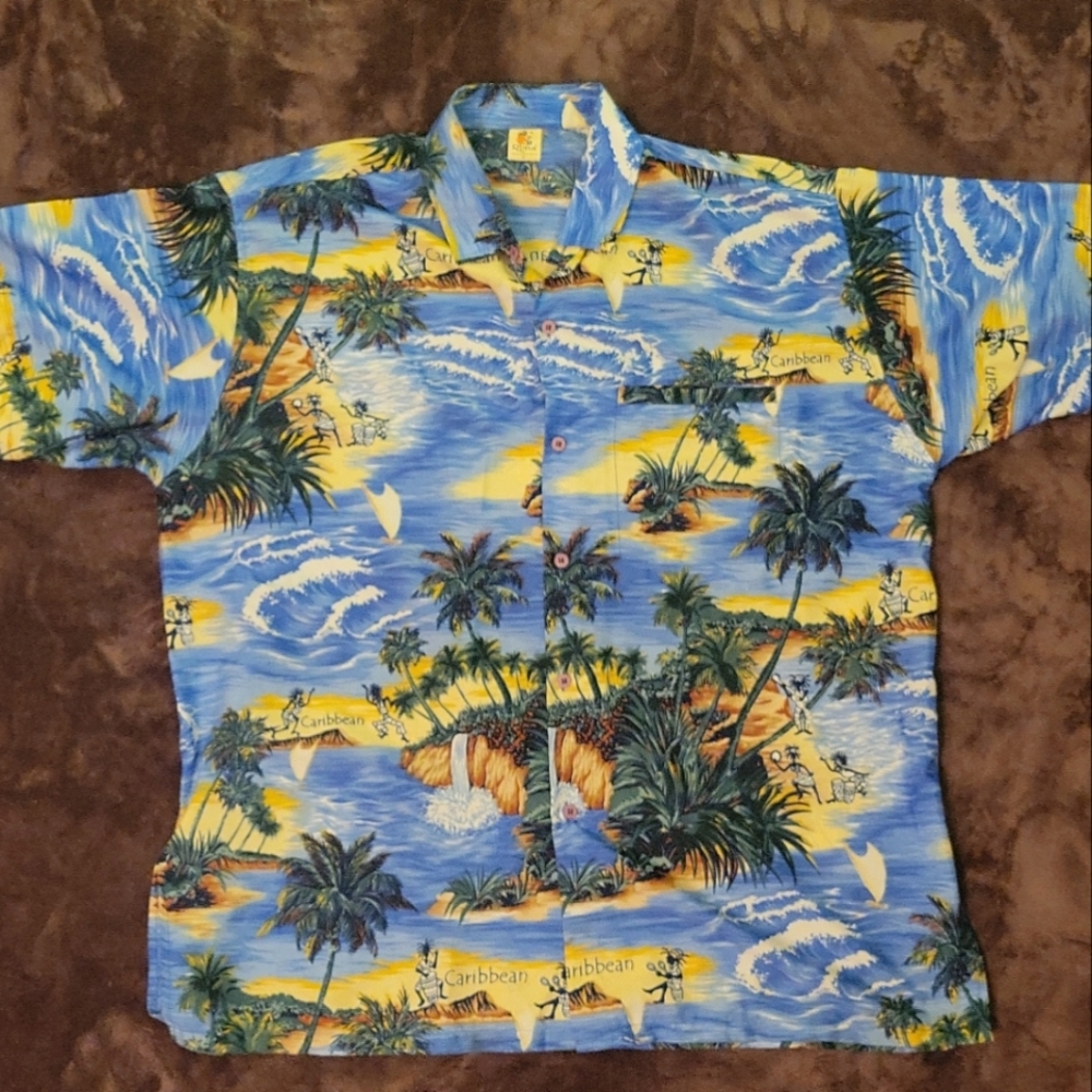 Rima Hawaiian Short Sleeve Shirt Caribbean Tropical SZ L Blue Large Surf Island